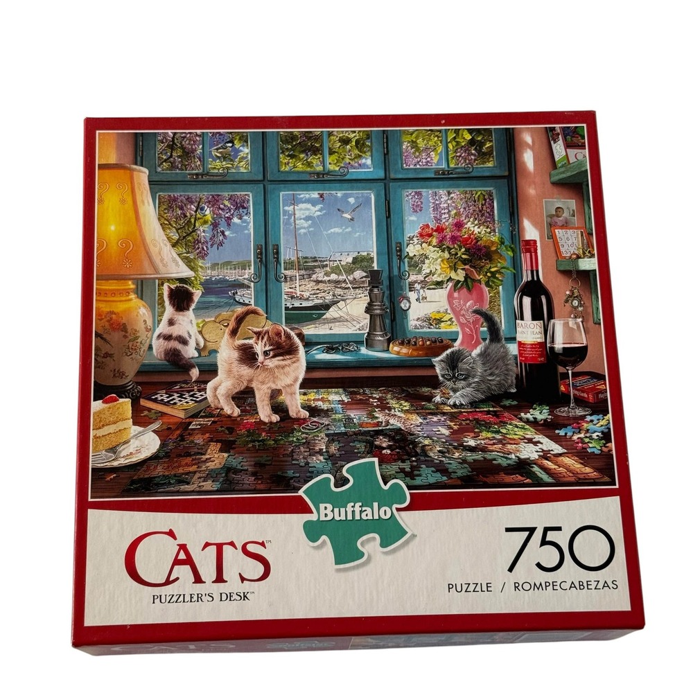Buffalo Games Cats Puzzlers Desk 750 Piece Puzzle Kittens Wine Cake UNCOUNTED